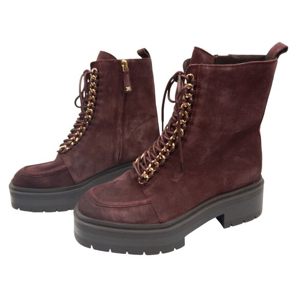 Sam Edelman Lovrin Suede Chain Lace Up Chunky Combat Platform Boots Burgundy 8M - Picture 3 of 9